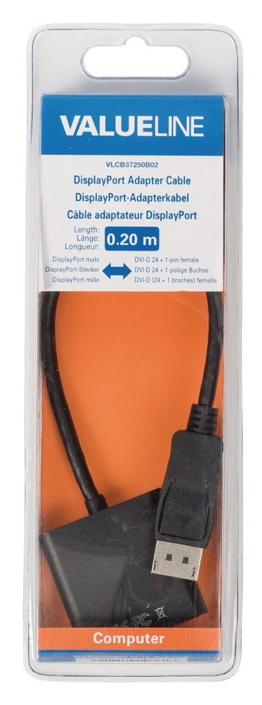 Valueline vlcb37250b02 DisplayPort-Adapterkabel, DisplayPort-Stecker auf DVI-D 24+1-Pin-Buchse, 0,20 m, Schwarz