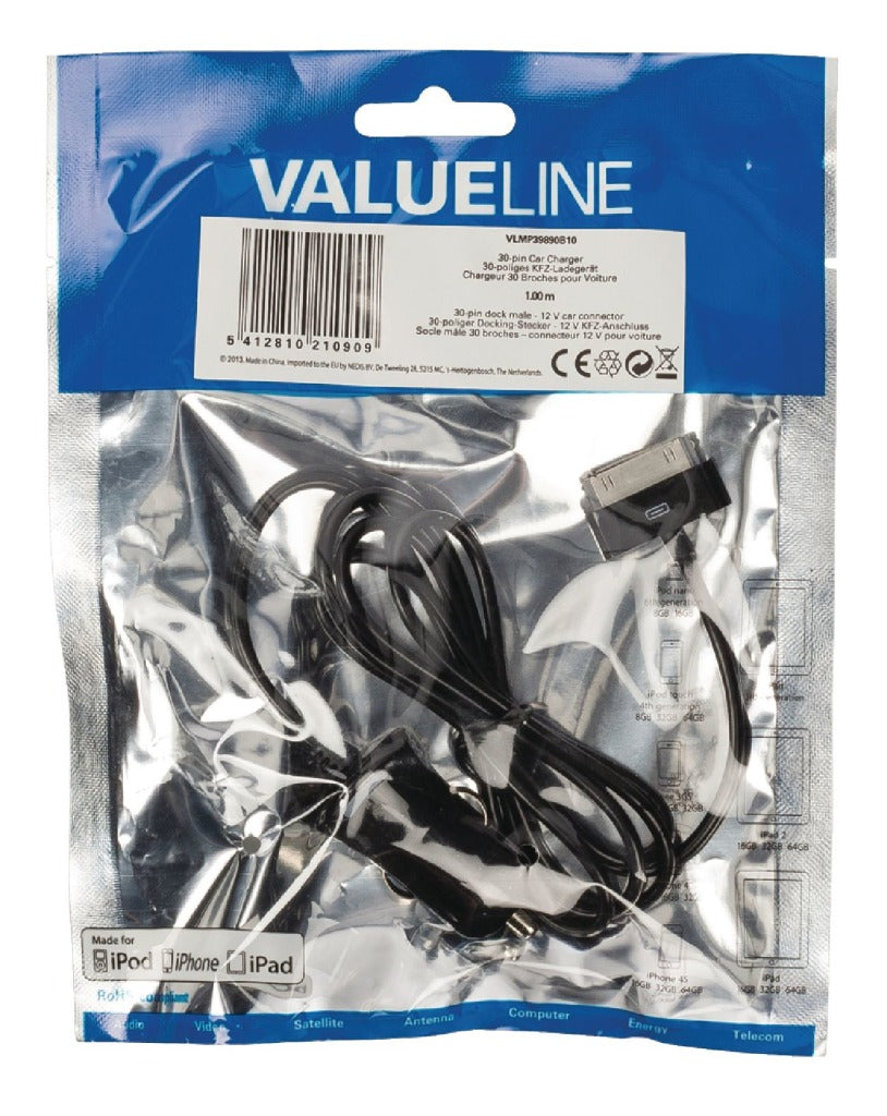 Valueline VLMP39890B10 30-Pin-Kfz-Ladegerät, 30-Pin-Dock-Stecker – 12-V-Kfz-Anschluss, 1,00 m, schwarz, 2,1 A