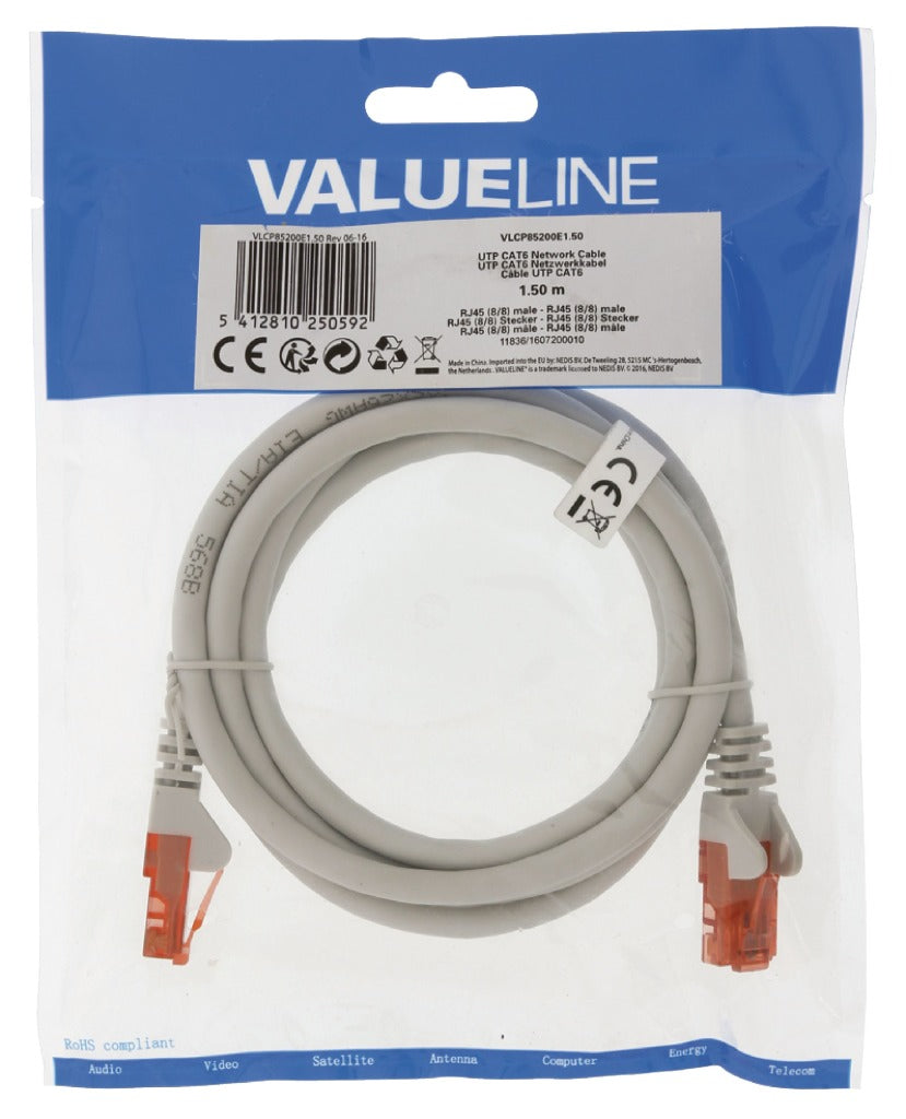 Valueline vlcp85200e1.50 cat6 utp netwerkkabel rj45 (8 8) male - rj45 (8 8) male 1.50 m grijs