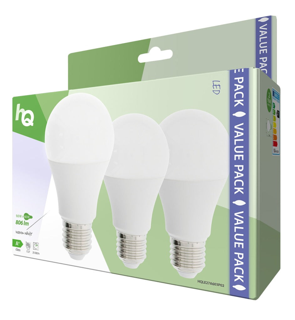 HQ LE27A603P02 LED-Lampe, 3 Stück, E27 A60, 9 W, 806 lm, 2700 K