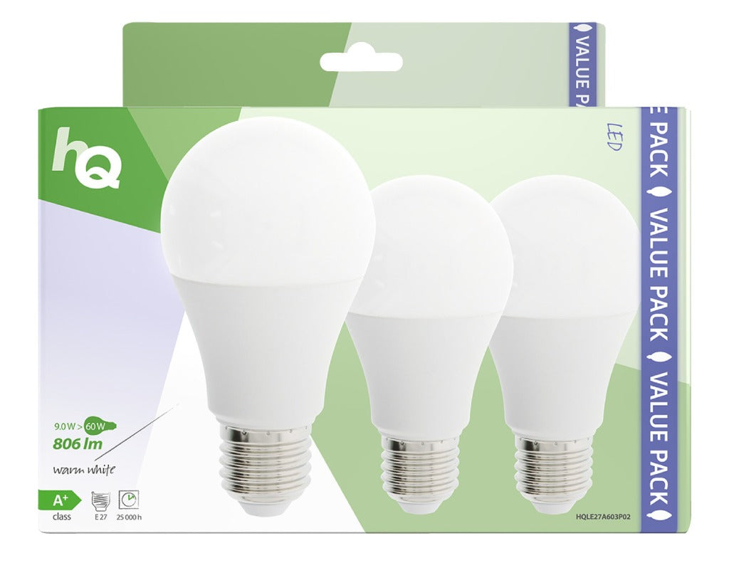 HQ LE27A603P02 LED-Lampe, 3 Stück, E27 A60, 9 W, 806 lm, 2700 K