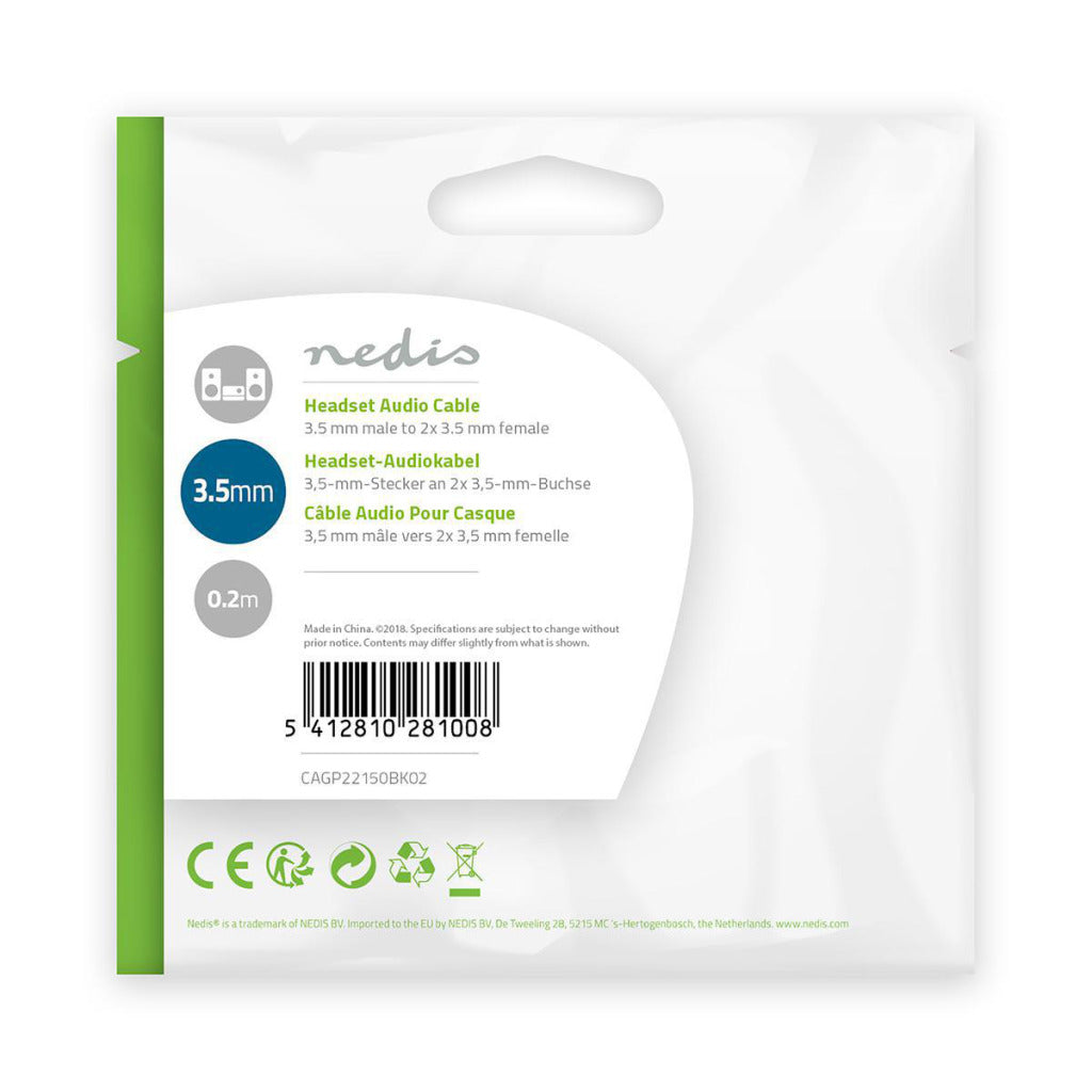 Nedis CAGP22150BK02 Audiokabel für Headsets, 3,5-mm-Klinkenstecker – 2 x 3,5-mm-Buchse, 0,2 m, schwarz