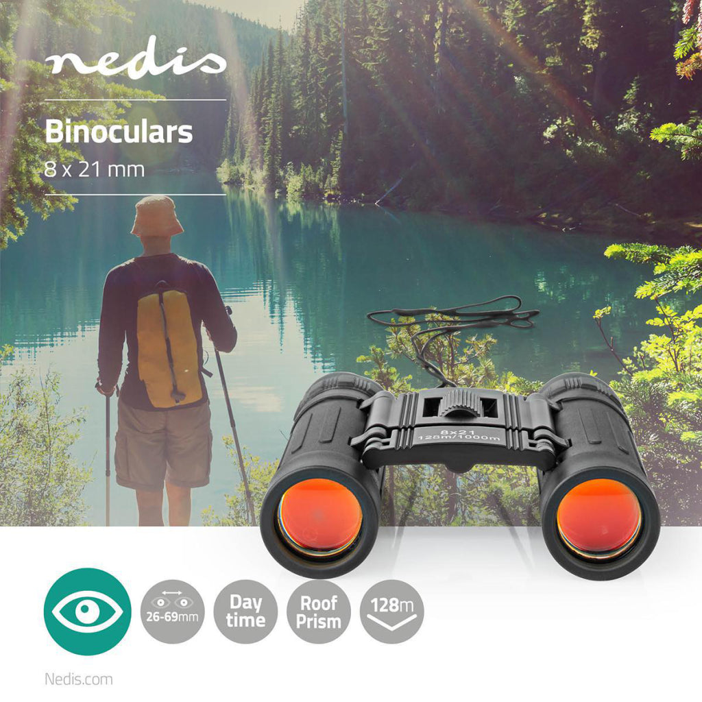 Nedis SCBI1000BK Fernglas, 8-fache Vergrößerung, Sehfeld 128 m + Reisetasche, schwarz