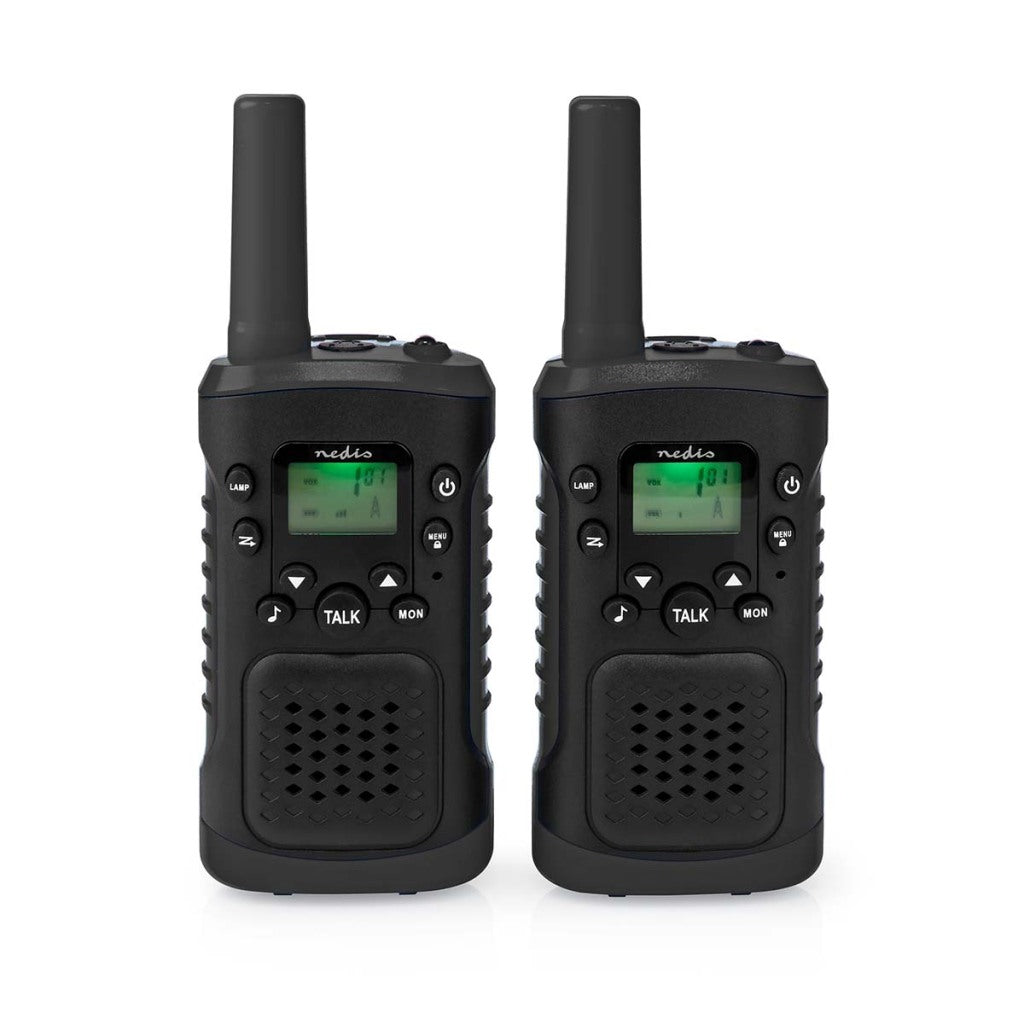 Nedis WLTK0610BK Walkie-Talkie-Set mit 2 Handgeräten, Reichweite bis zu 6 km, Frequenzkanäle: 8, PTT/VOX, Sprechzeit bis zu 3 Stunden, Kopfhörerausgang, 2 Headsets, schwarz