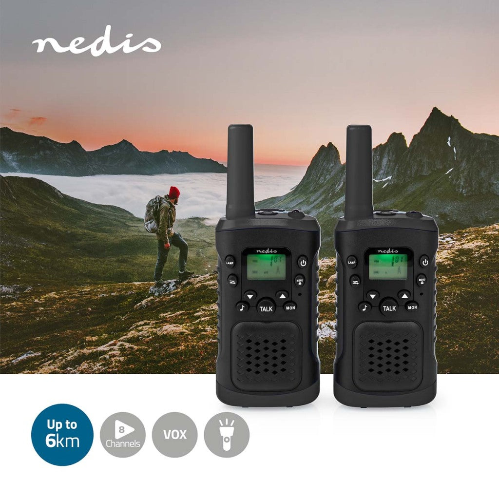 Nedis WLTK0610BK Walkie-Talkie-Set mit 2 Handgeräten, Reichweite bis zu 6 km, Frequenzkanäle: 8, PTT/VOX, Sprechzeit bis zu 3 Stunden, Kopfhörerausgang, 2 Headsets, schwarz