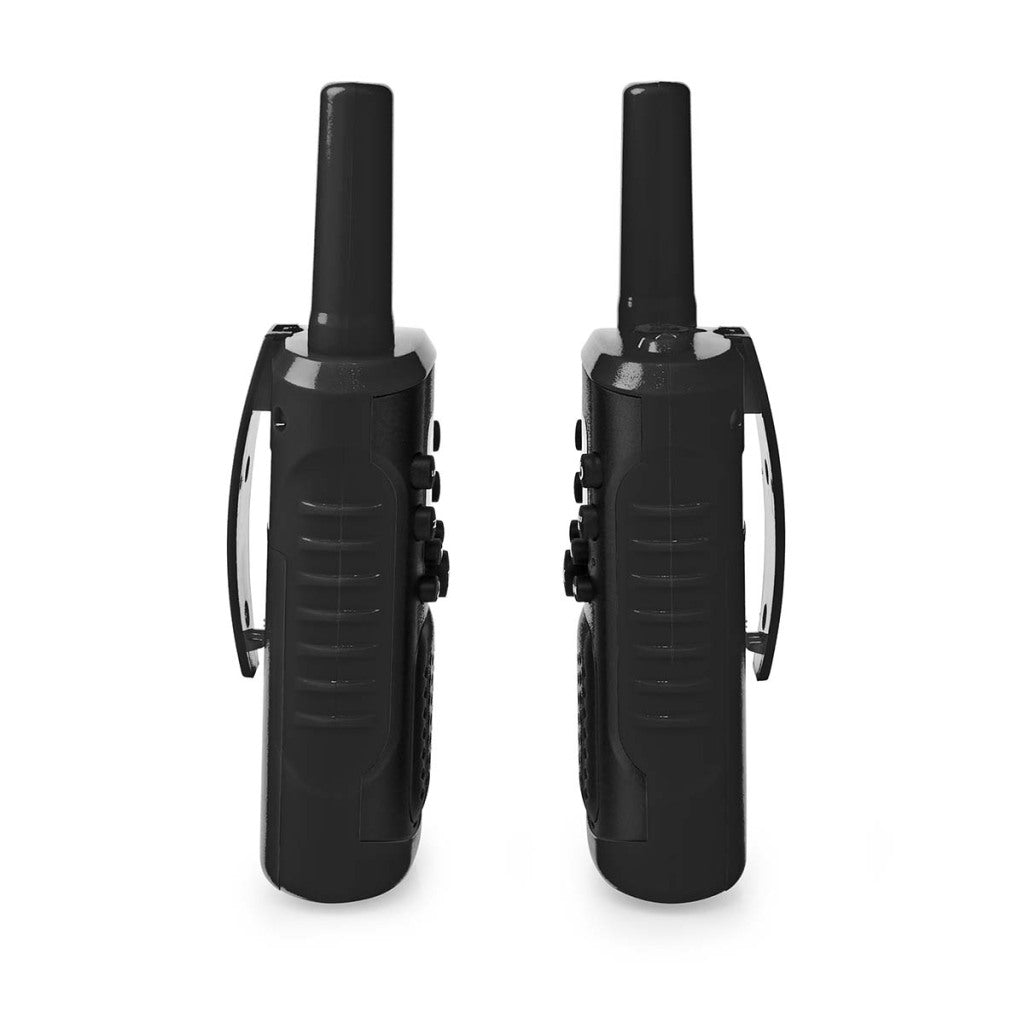 Nedis WLTK0610BK Walkie-Talkie-Set mit 2 Handgeräten, Reichweite bis zu 6 km, Frequenzkanäle: 8, PTT/VOX, Sprechzeit bis zu 3 Stunden, Kopfhörerausgang, 2 Headsets, schwarz