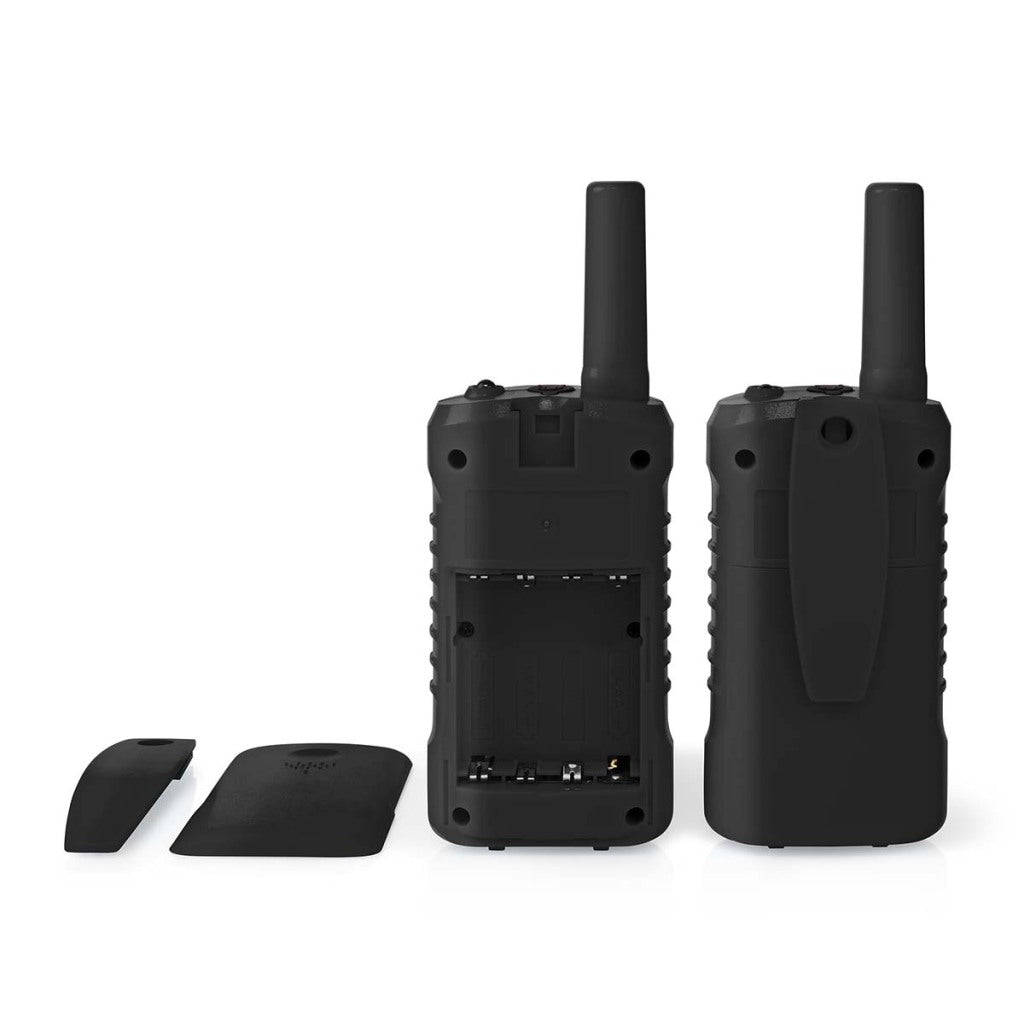 Nedis WLTK0610BK Walkie-Talkie-Set mit 2 Handgeräten, Reichweite bis zu 6 km, Frequenzkanäle: 8, PTT/VOX, Sprechzeit bis zu 3 Stunden, Kopfhörerausgang, 2 Headsets, schwarz