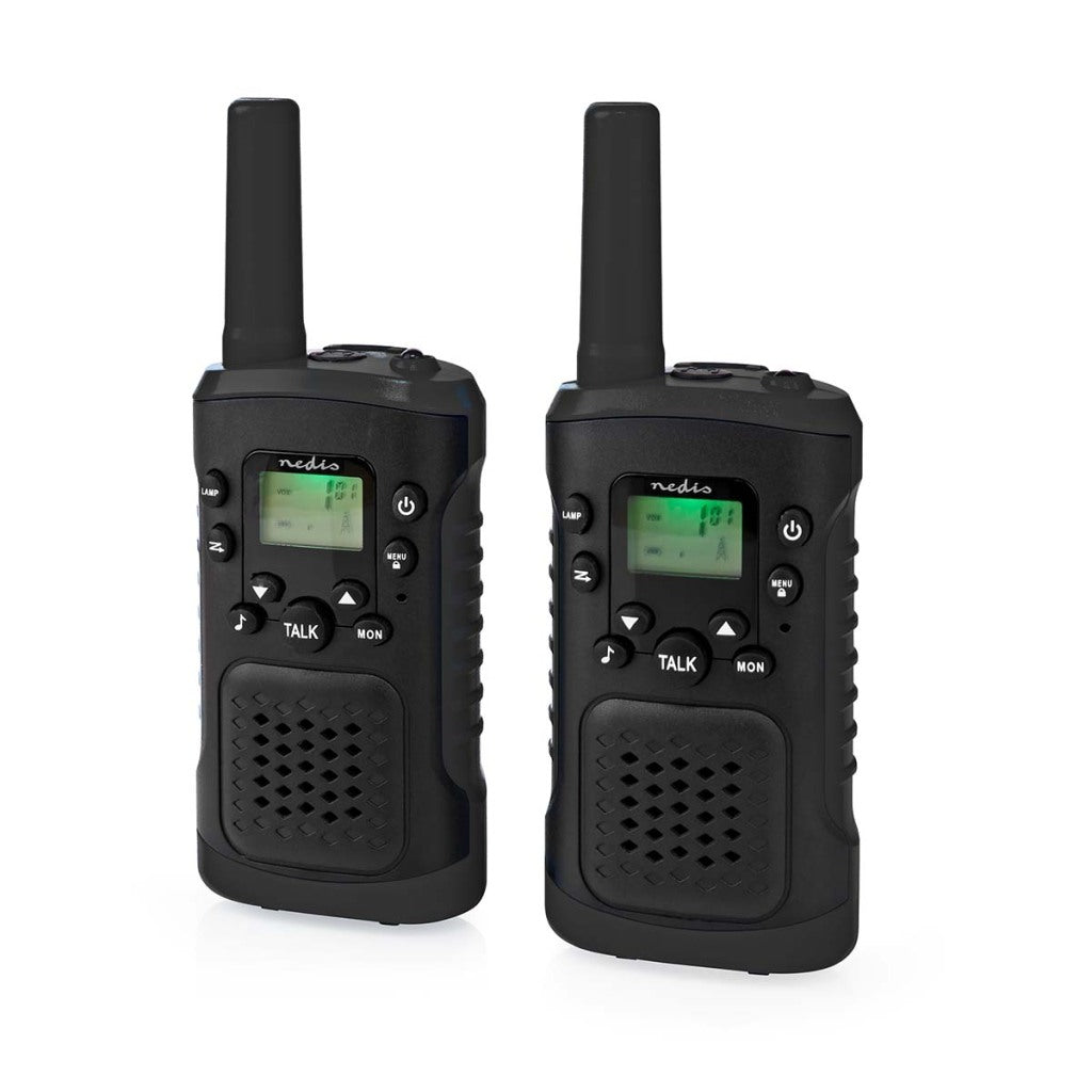 Nedis WLTK0610BK Walkie-Talkie-Set mit 2 Handgeräten, Reichweite bis zu 6 km, Frequenzkanäle: 8, PTT/VOX, Sprechzeit bis zu 3 Stunden, Kopfhörerausgang, 2 Headsets, schwarz