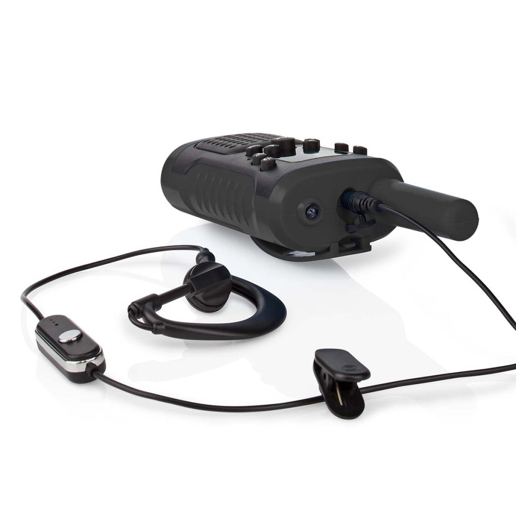 Nedis WLTK0610BK Walkie-Talkie-Set mit 2 Handgeräten, Reichweite bis zu 6 km, Frequenzkanäle: 8, PTT/VOX, Sprechzeit bis zu 3 Stunden, Kopfhörerausgang, 2 Headsets, schwarz
