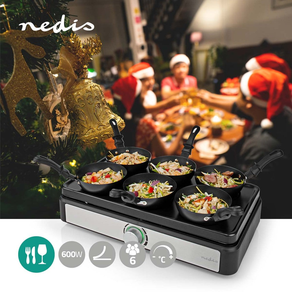 Nedis Fcra310fbk6 Party Wok Set Grill 6 Personen Spatel-Temperatur-Einstellung Anti-Stick niedriger Rechteck