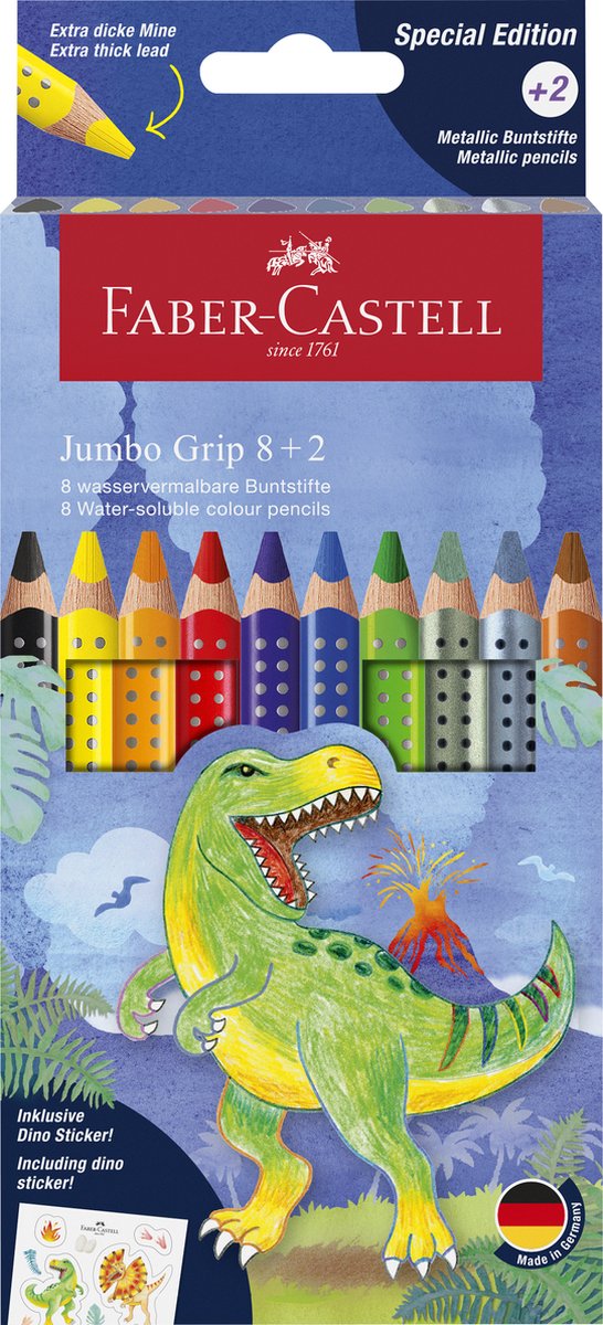 Faber-castell kleurpotloden - jumbo grip dino - 8 colourgrip + 2 metallic grip - met stickers - fc-110922