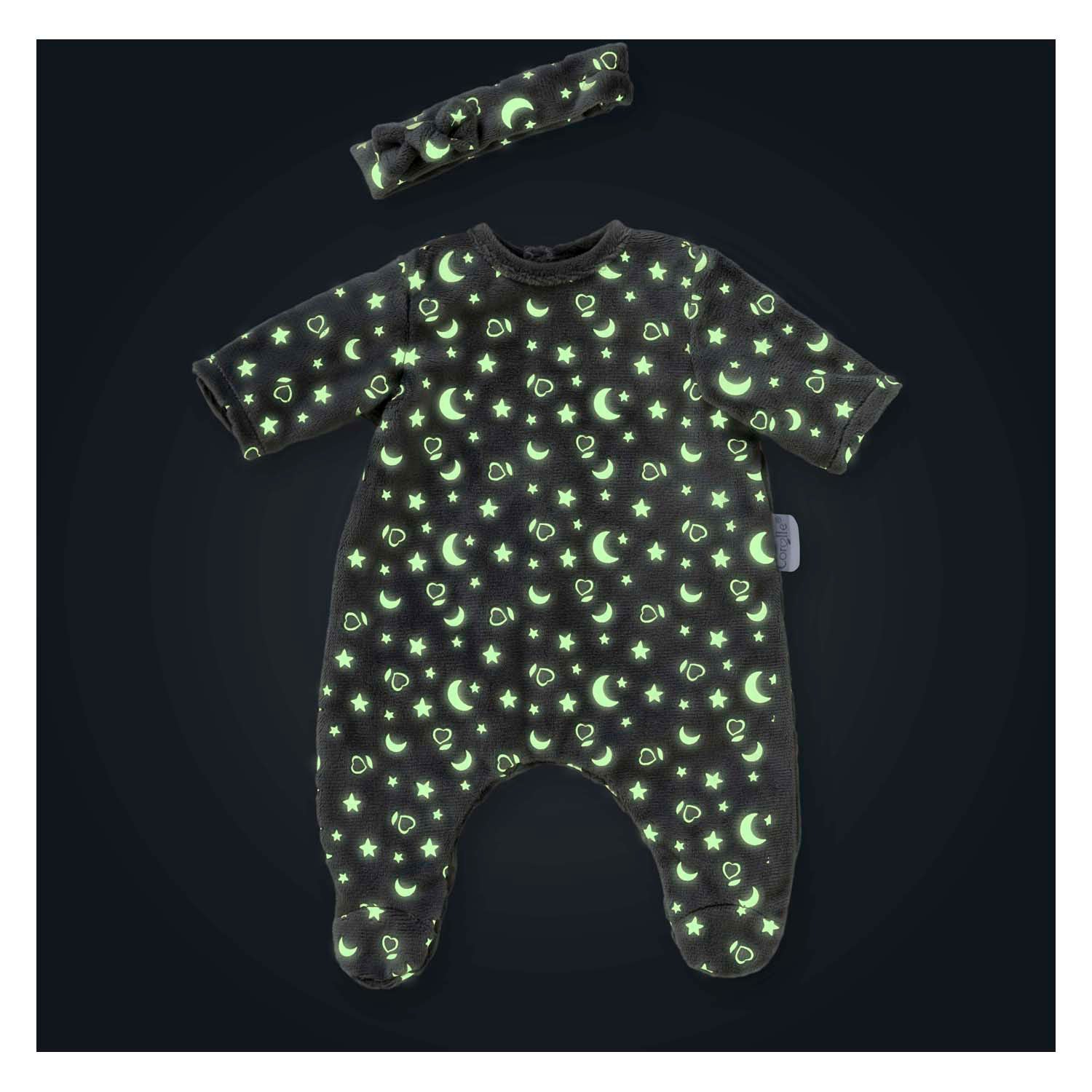 Corolle poppen pyjama glitter in het donker en haarband, 36cm