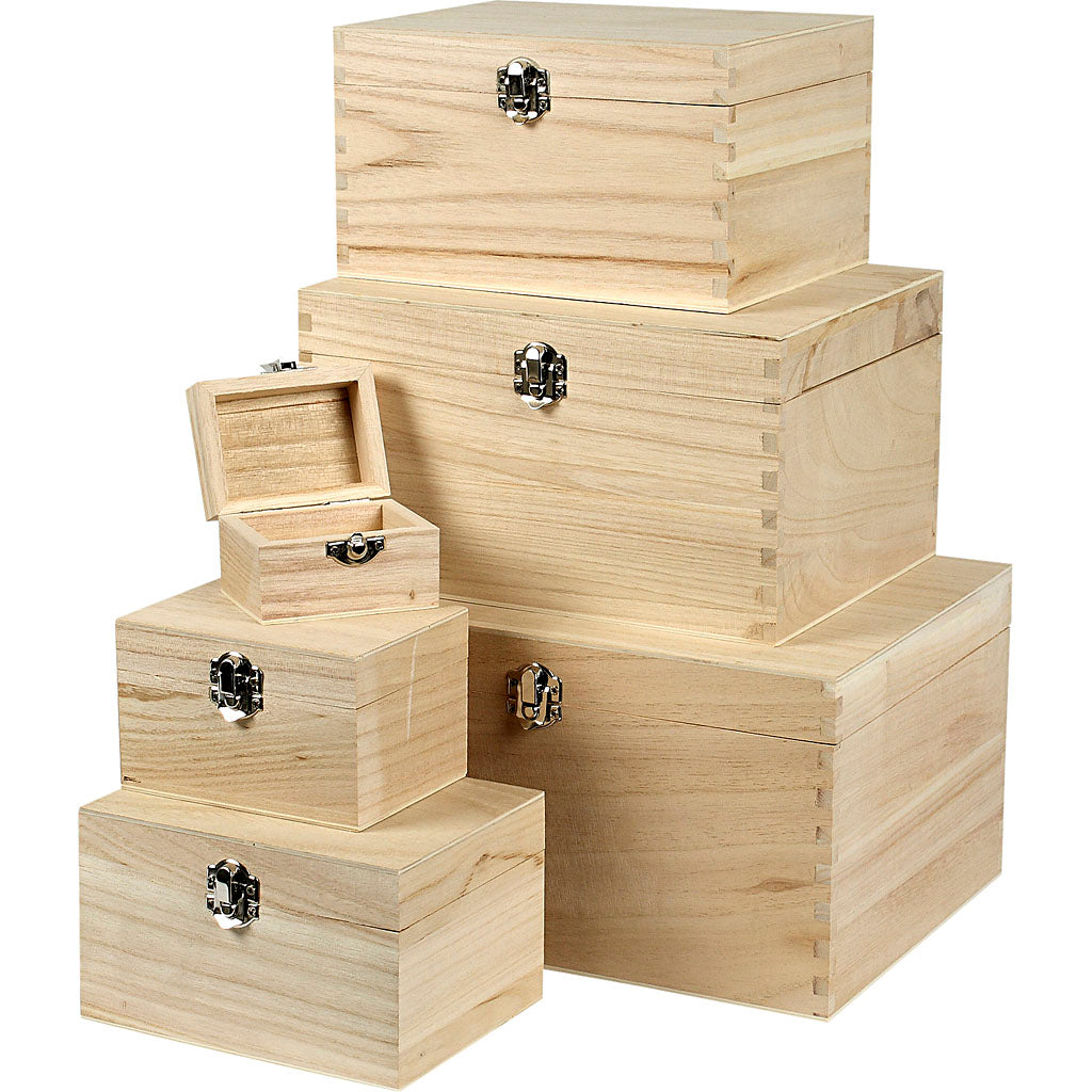 Creotime set houten dozen, h: 5+7+9+11+13+15 cm, l: 8+11,8+15,8+20+24+27,7 cm, b: 5,8+8,8+12+15+18+21 cm, keizerin boom, 6 stuk