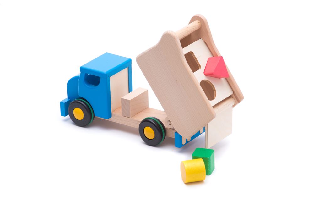 Bajo houten kiepwagen met blokken blauw.