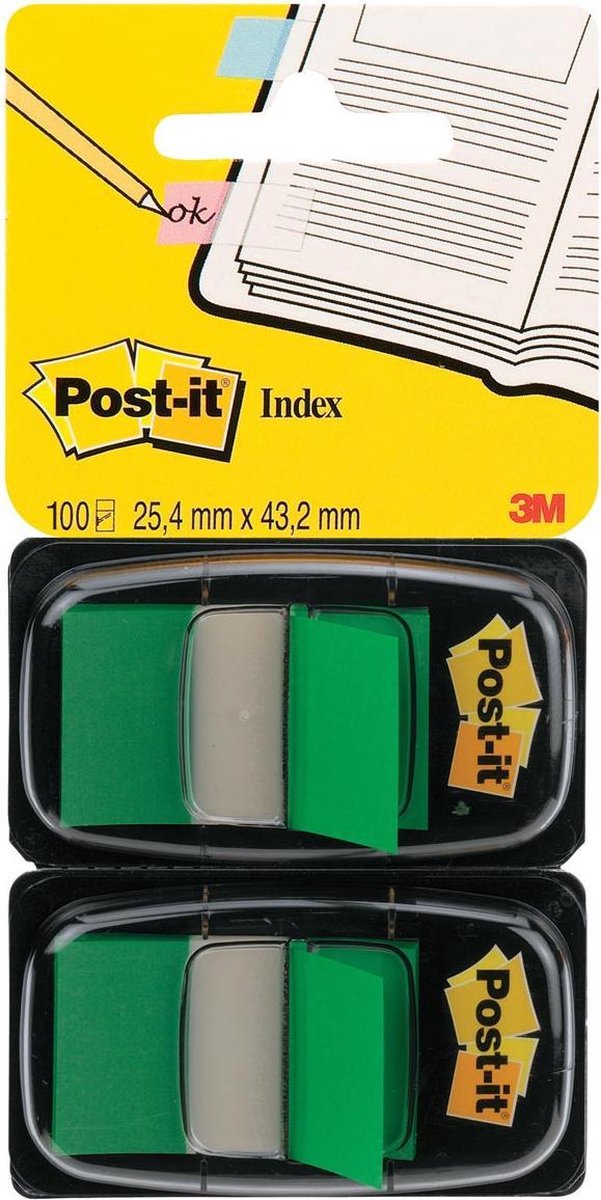 Post-it â® index standaard duo pack, groen, 25.4 x 43.2 mm, 50 tabs dispenser