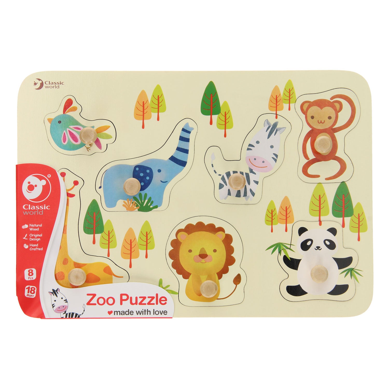 Classic world houten noppenpuzzel wilde dieren, 7st.