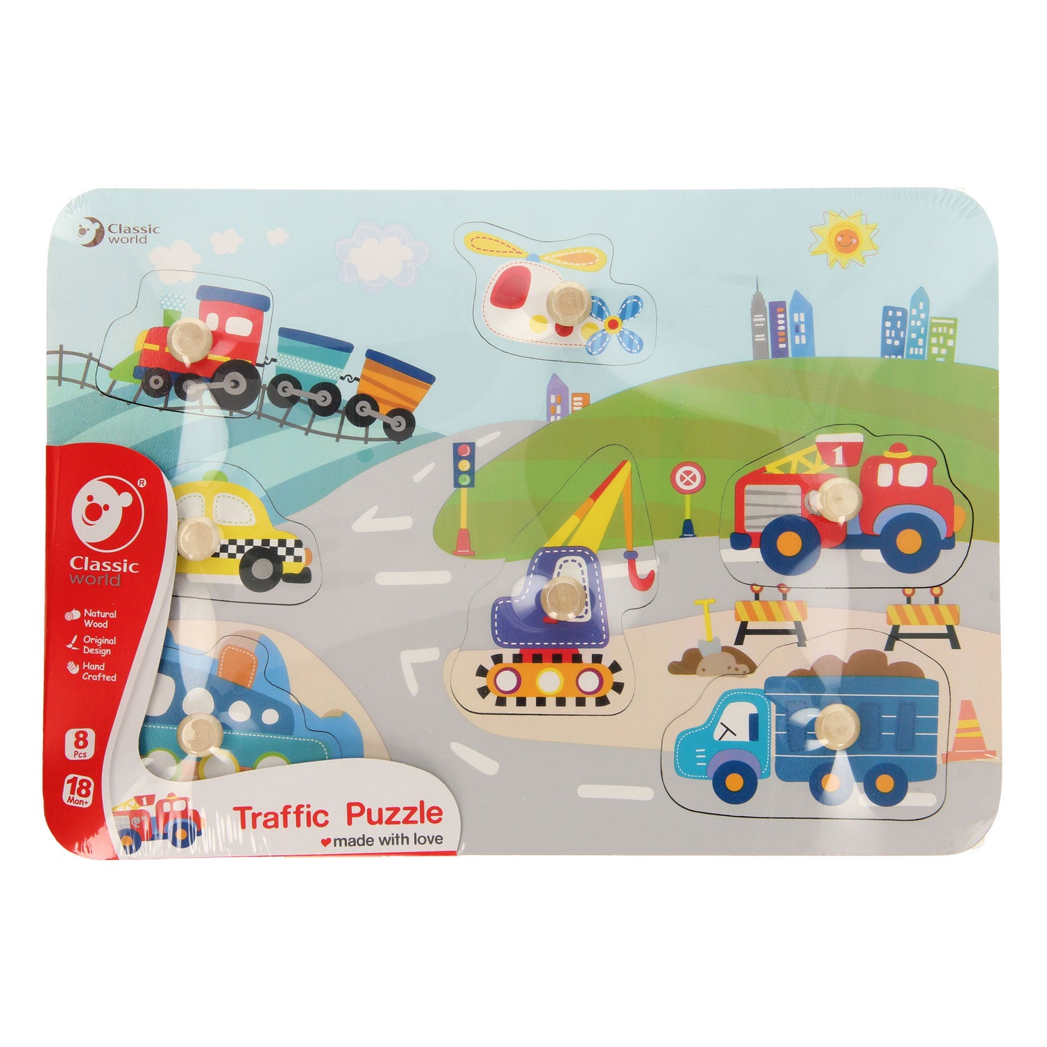Classic world houten noppenpuzzel verkeer, 8st.