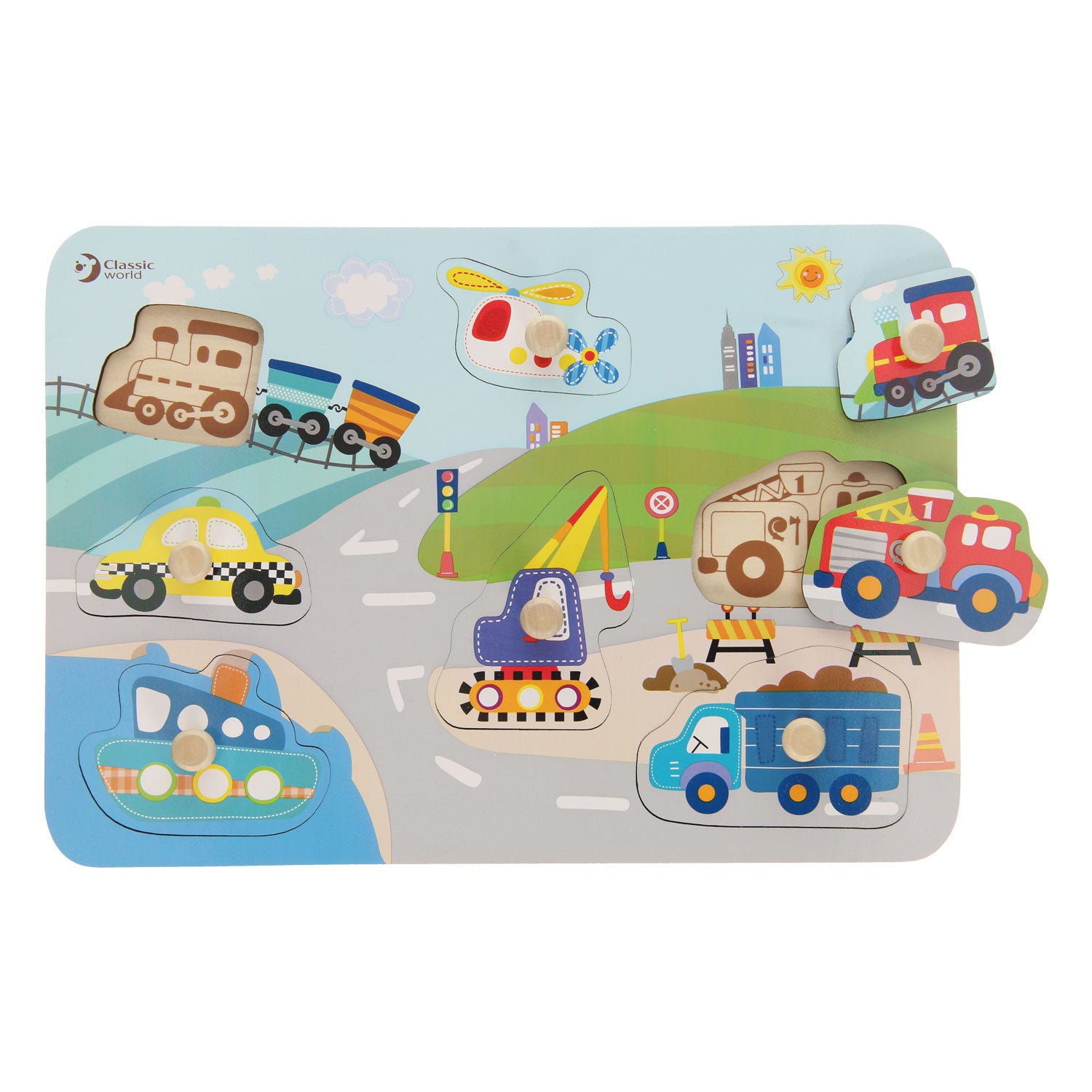Classic world houten noppenpuzzel verkeer, 8st.