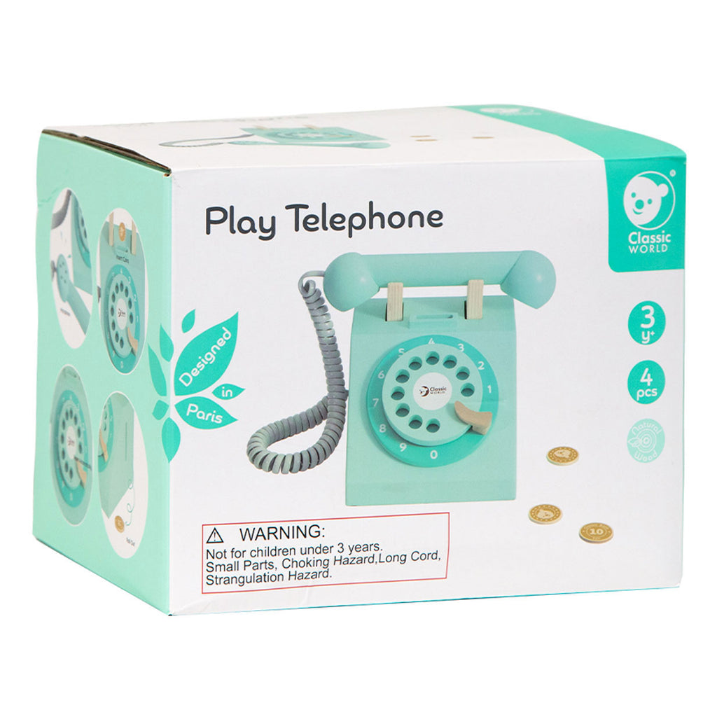 Klassisches World World Retro-Telefon aus Holz, Türkis