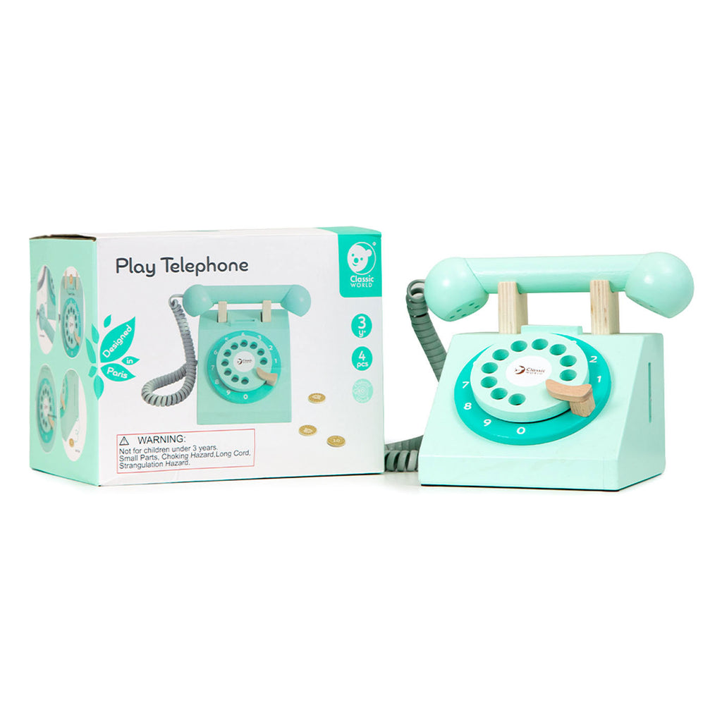 Klassisches World World Retro-Telefon aus Holz, Türkis