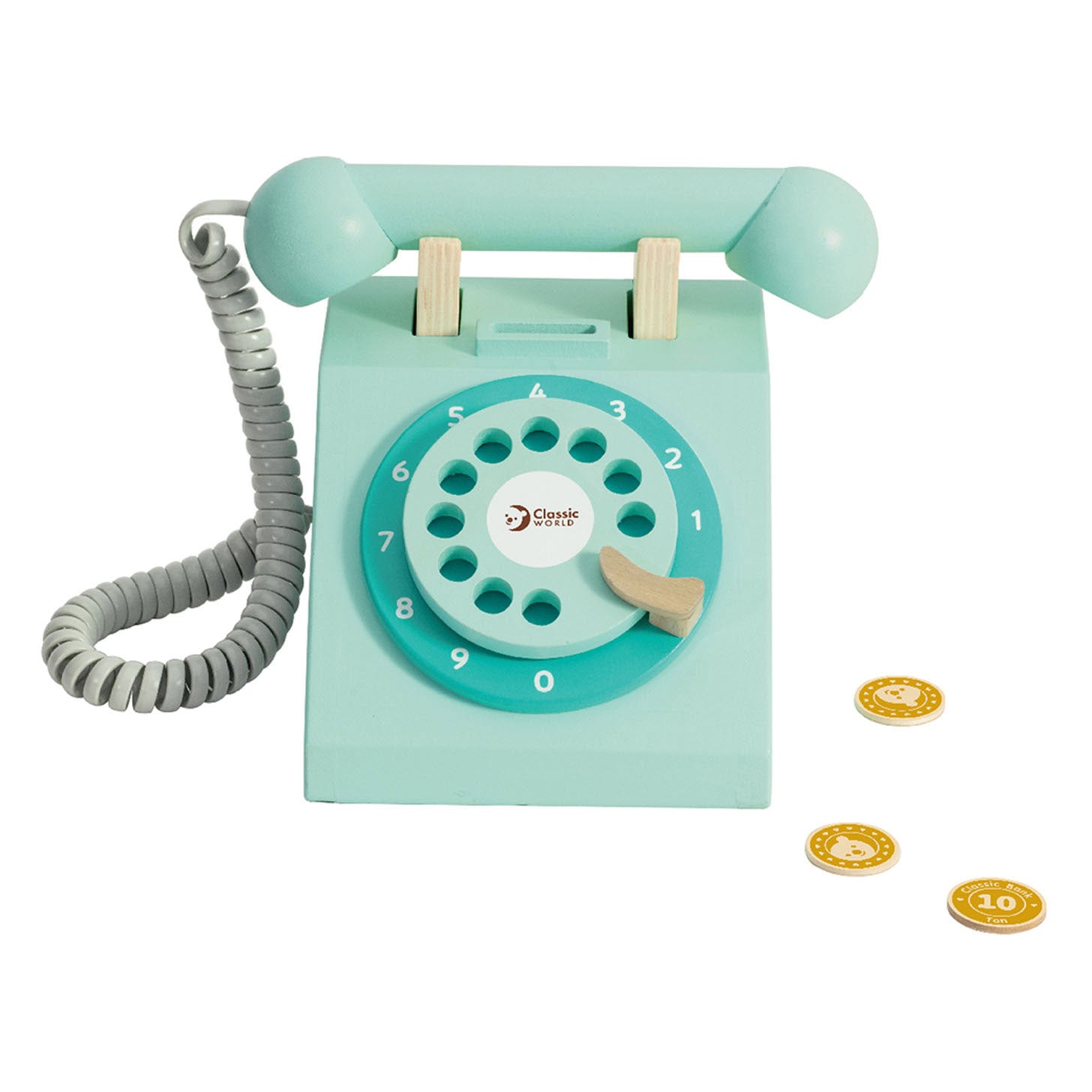Klassisches World World Retro-Telefon aus Holz, Türkis