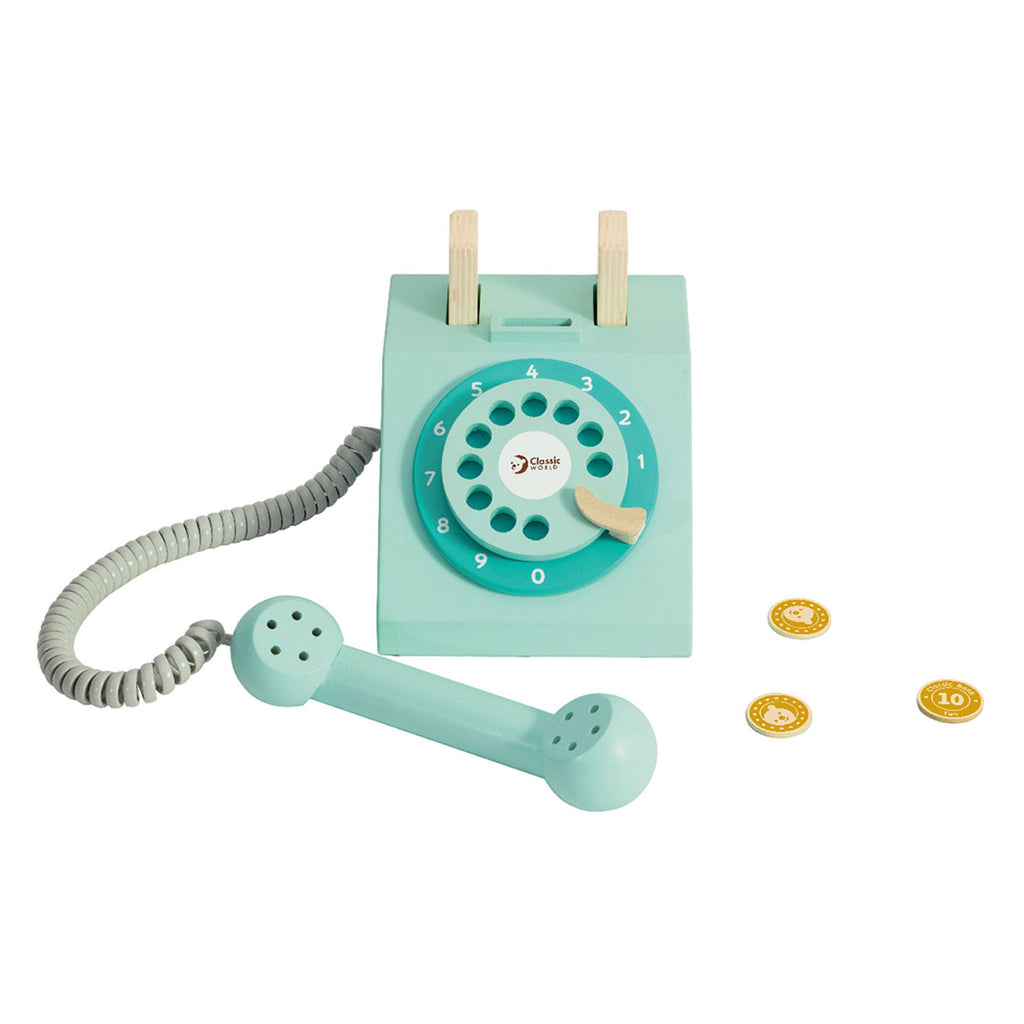 Klassisches World World Retro-Telefon aus Holz, Türkis