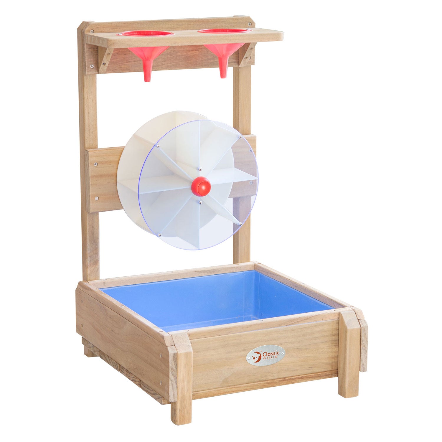 Klassischer hölzerner Wassertisch aus der Welt mit Trichtern und Wassermühle