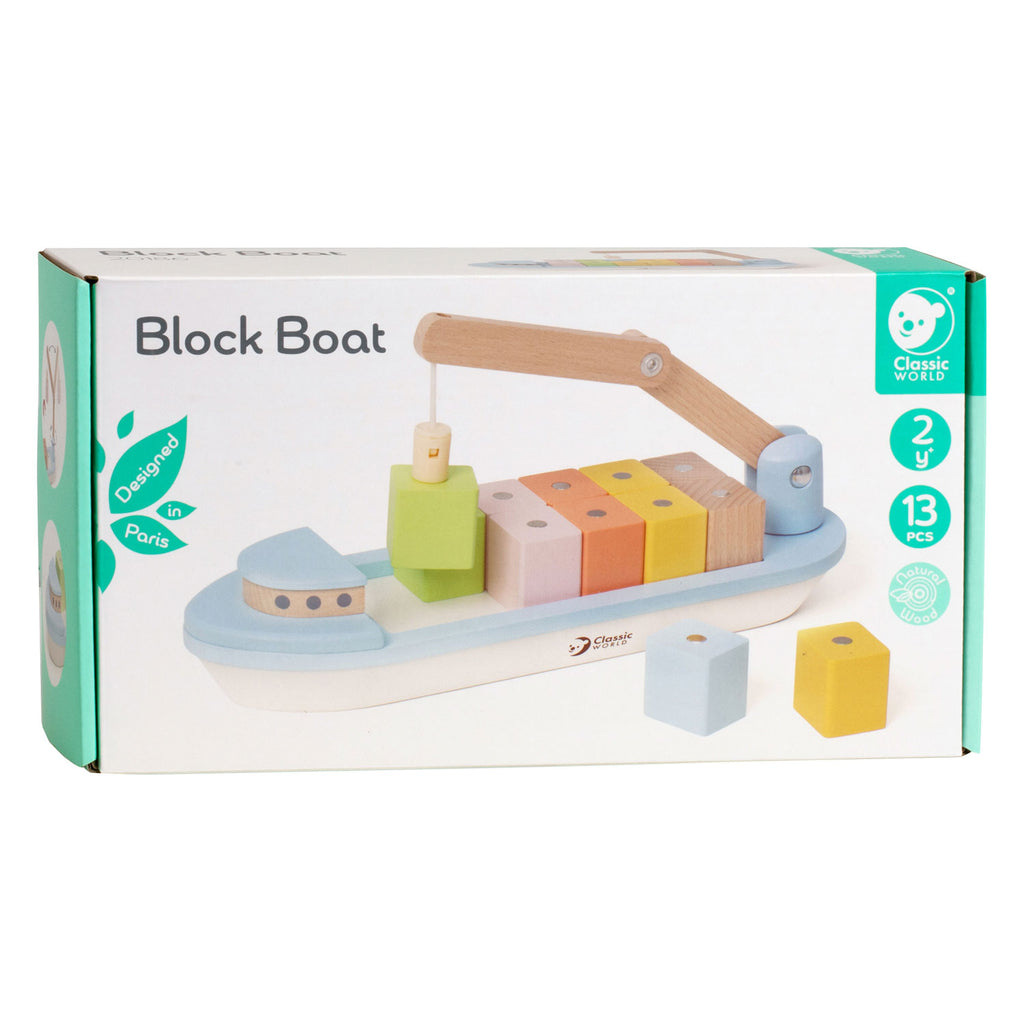Classic world houten blokkenboot met kraan, 13dlg.