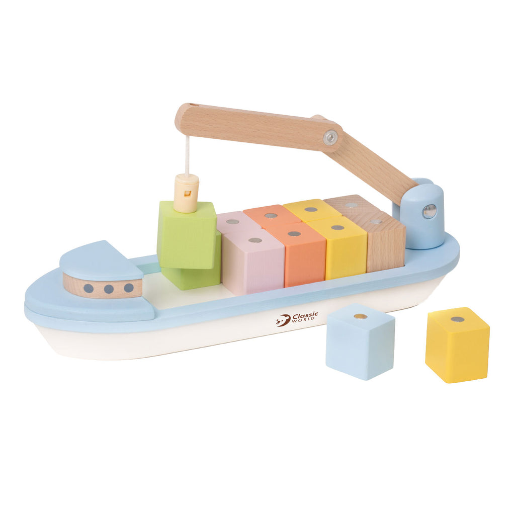 Classic world houten blokkenboot met kraan, 13dlg.
