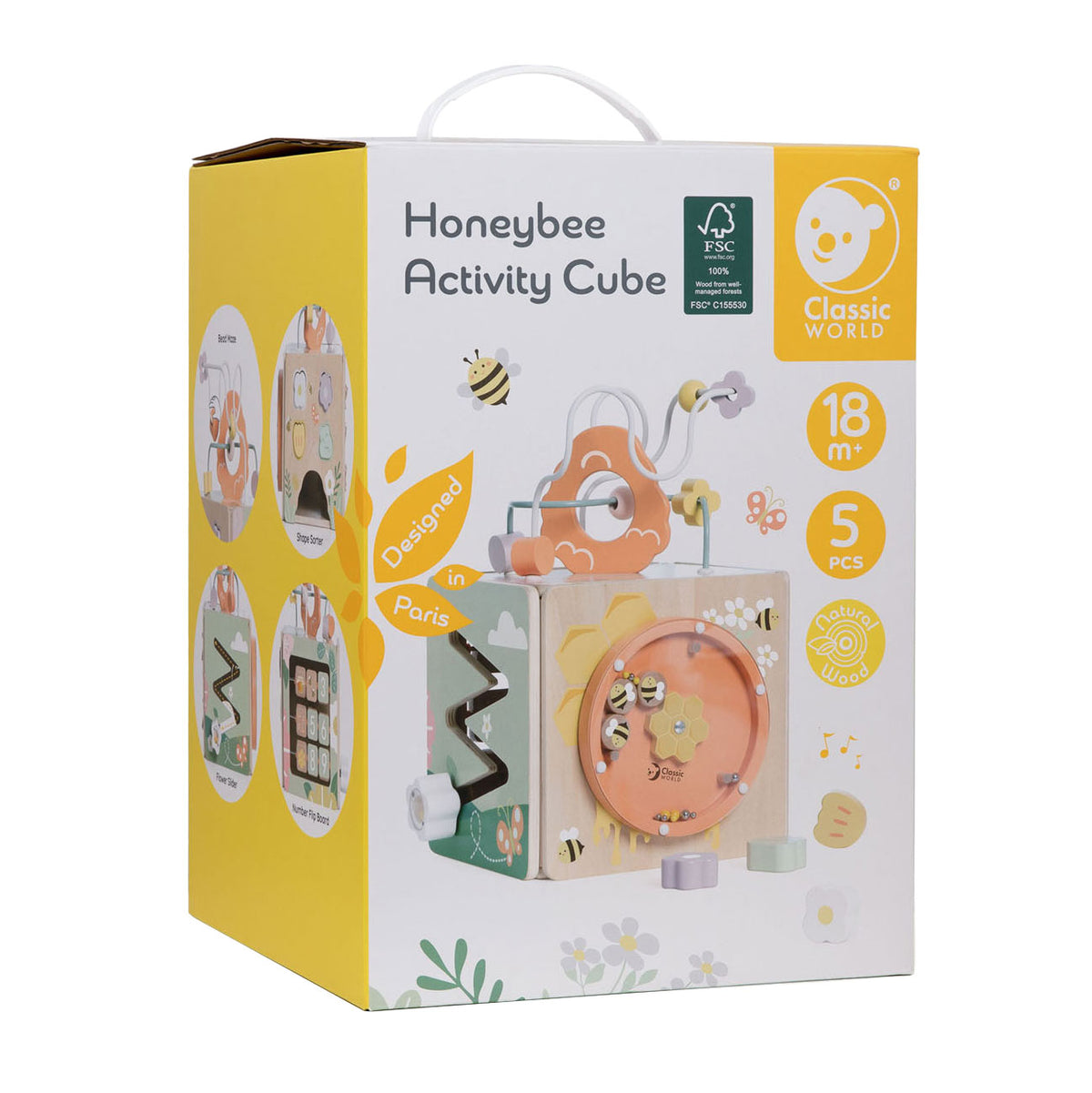 Classic world houten activiteitenkubus honingbij, 5dlg.