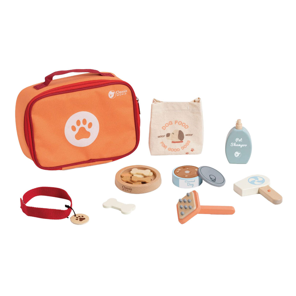 Classic world houten dieren verzorgen speelset in tas, 16dlg.
