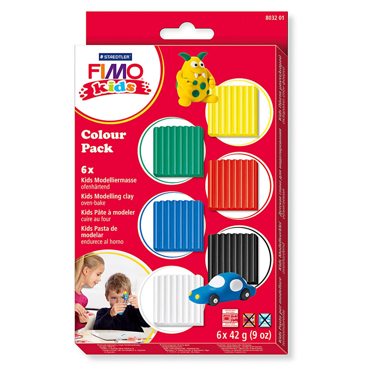 Fimo kids boetseerklei standaard kleuren, 6dlg.