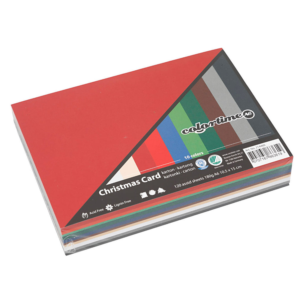 Weihnachtskarton der Firma Creativ Company, A6, Blattgröße 105 x 148 mm, 180 g/m², verschiedene Farben, 120 Blatt, 1 Karton