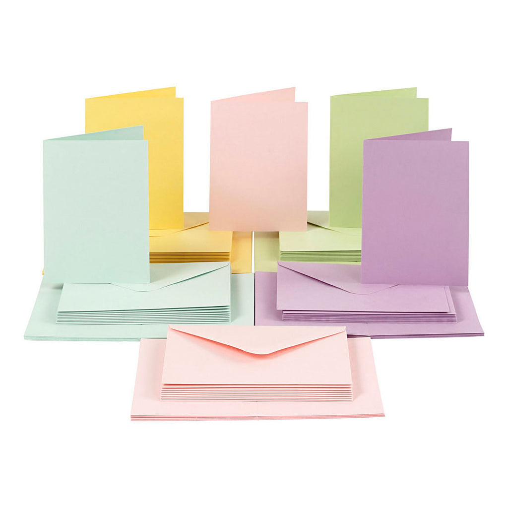 Creativ company kaarten en enveloppen, afmeting kaart 10,5x15 cm, afmeting envelop 11,5x16,5 cm, 110+220 gr, pastelkleuren, 50 set 1 doos