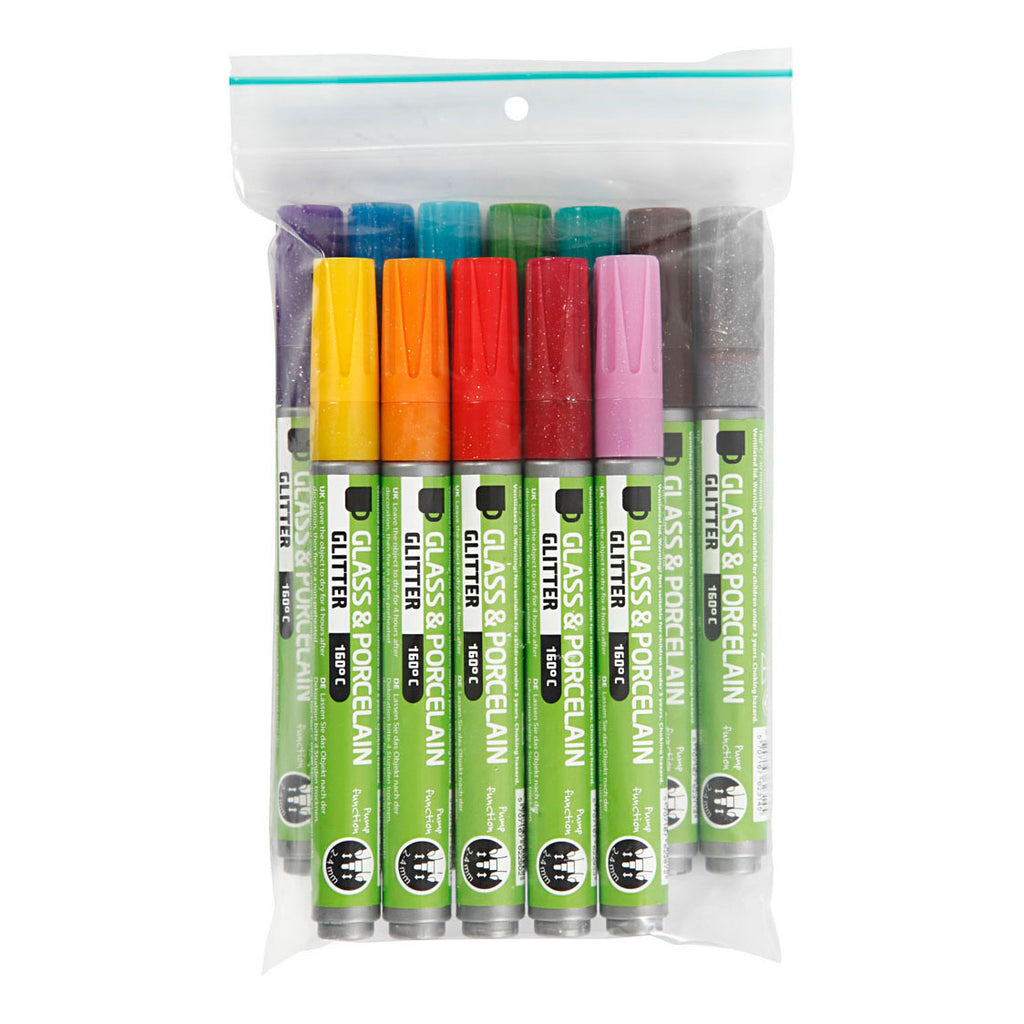 Creativ Company Glas- und Porzellanmarker mit Glitzerfarbe, 12 Stück.