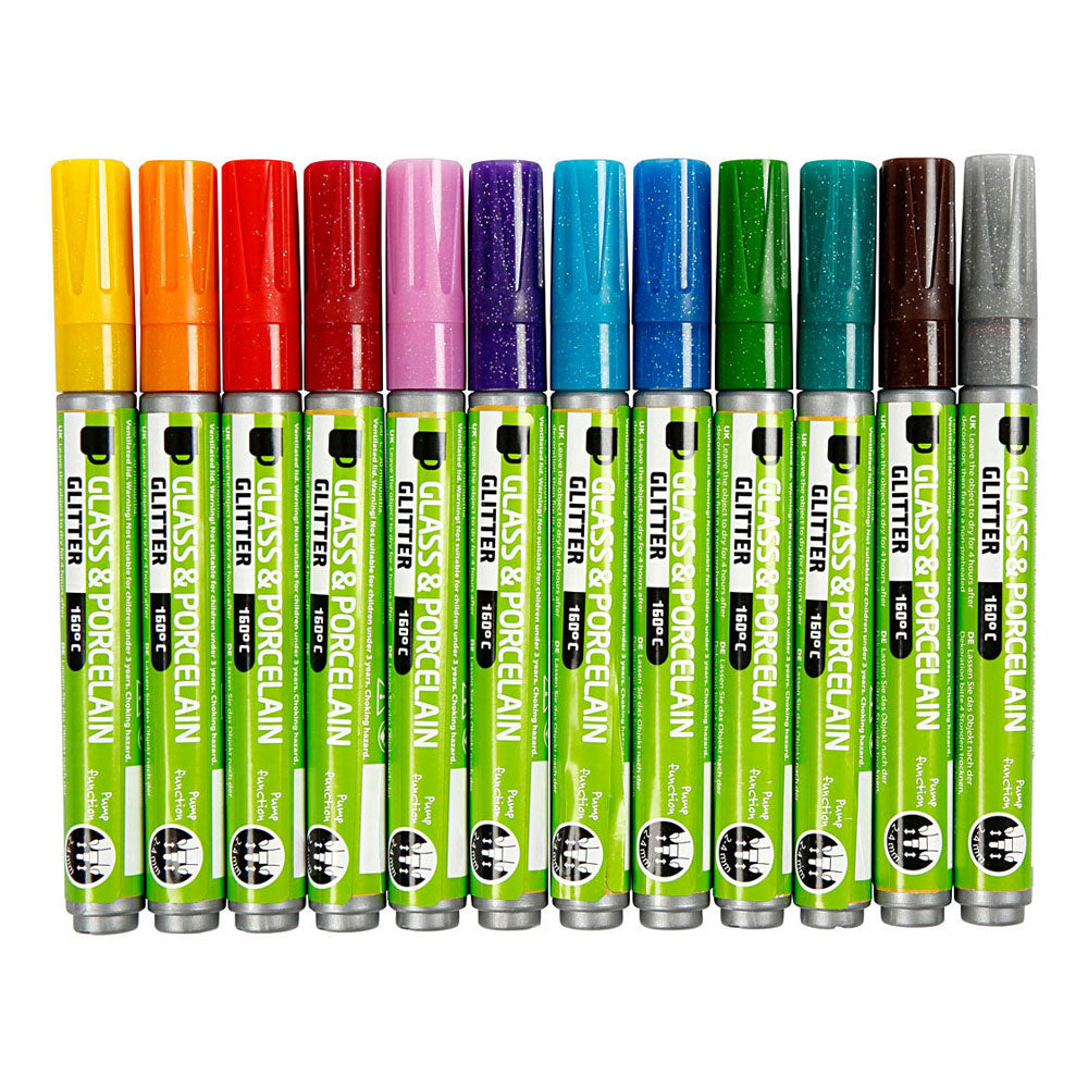 Creativ Company Glas- und Porzellanmarker mit Glitzerfarbe, 12 Stück.