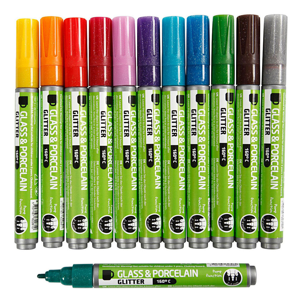 Creativ Company Glas- und Porzellanmarker mit Glitzerfarbe, 12 Stück.