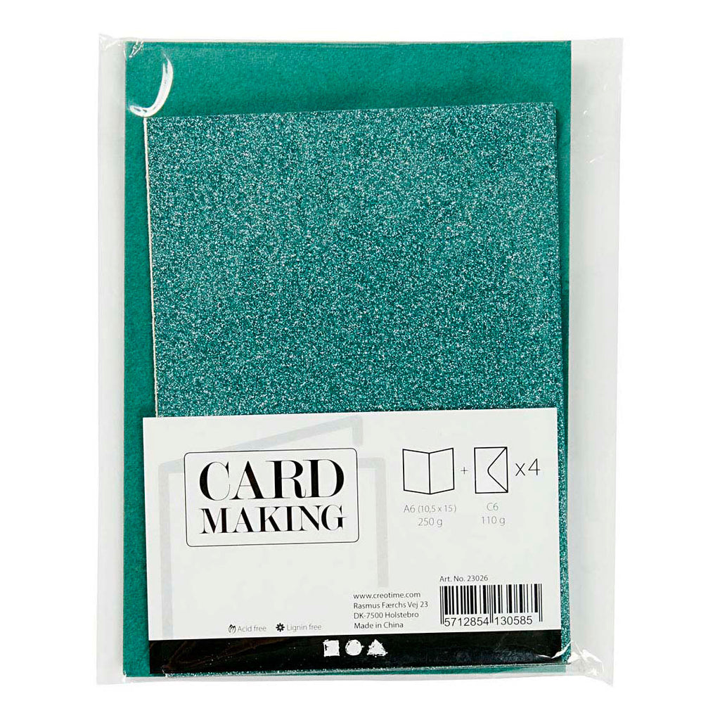 Creativ company kaarten en enveloppen 10,5x15cm glitter groen - 4st.