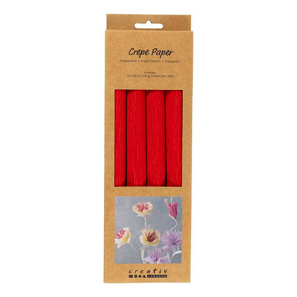 Creativ Company Krepppapier, Blattgröße 25 x 60 cm, Kreppanteil: 180 %, 105 g/m², rot, 4 Blatt pro Karton