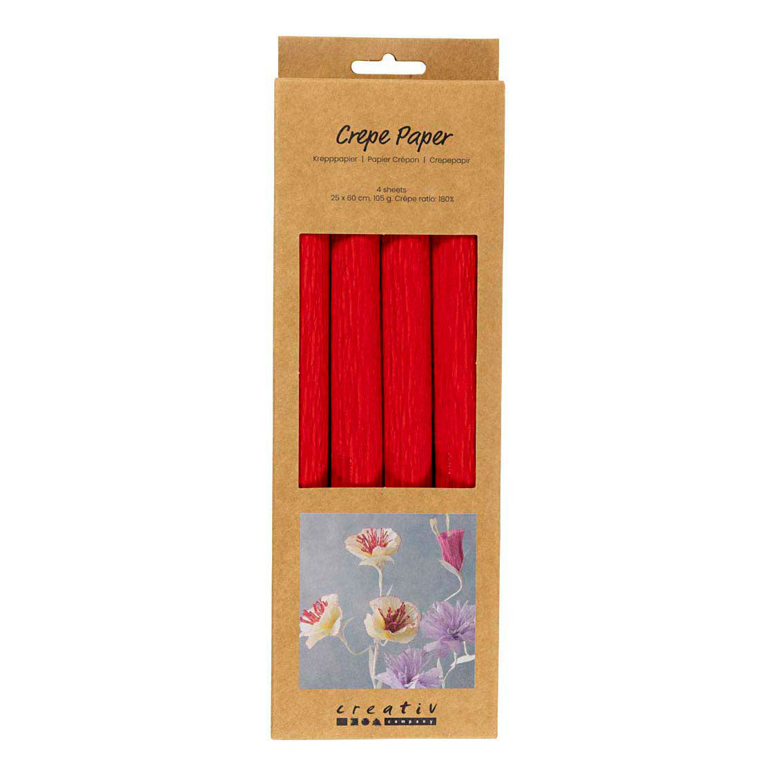Creativ Company Krepppapier, Blattgröße 25 x 60 cm, Kreppanteil: 180 %, 105 g/m², rot, 4 Blatt pro Karton