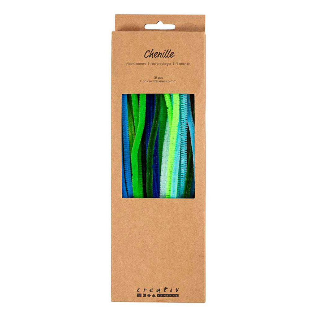 Creativ Company Chenille 6mm x 30cm grün und türkis harmonisch - 25 Stück.