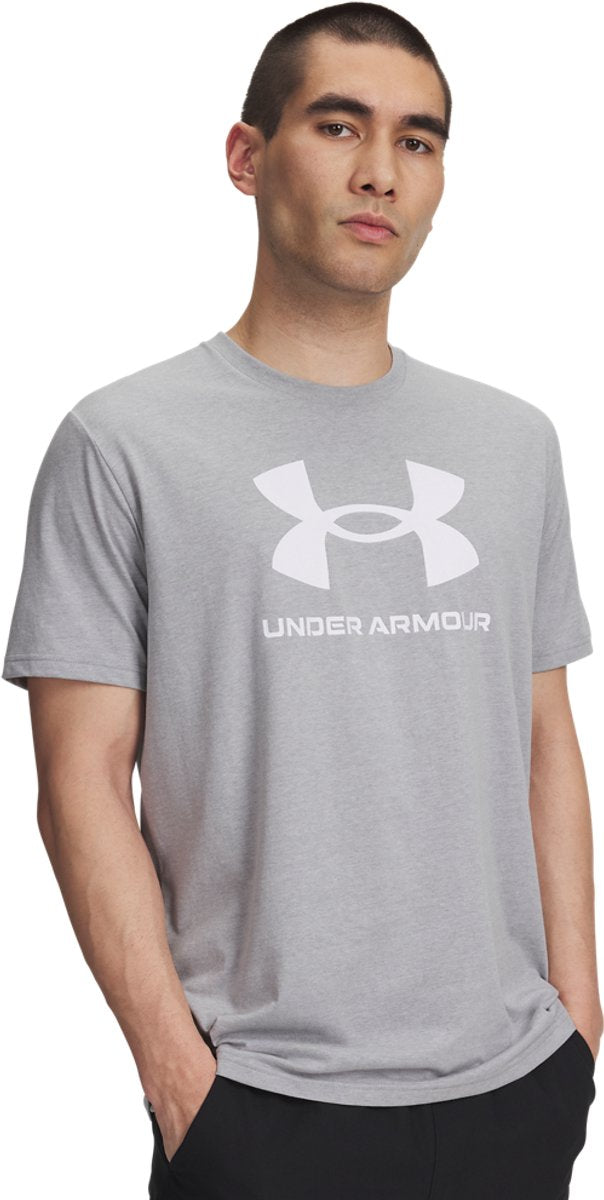 Under armour ua sportstyle logo update ss-gry heren sportshirt - steel light heather - wit s