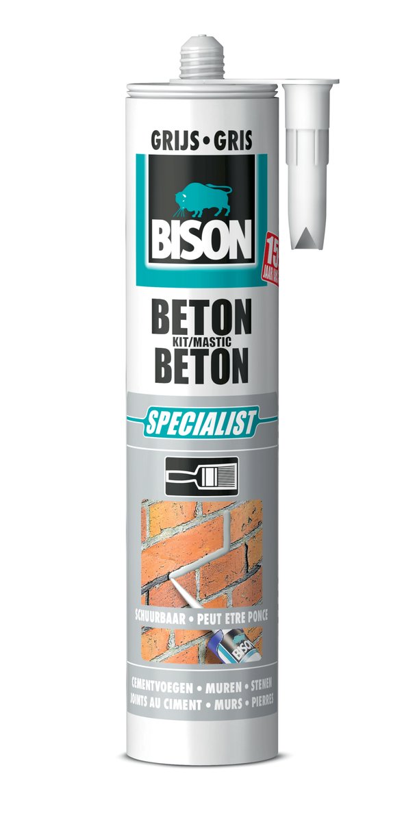 Bison beton kit grijs koker 310 ml, reparatiekit, voor brede scheuren en voegen, cementvoegen, muren, beton, overschilderbaar, schuurbaar, permanent bestand tegen alle weeromstandigheden