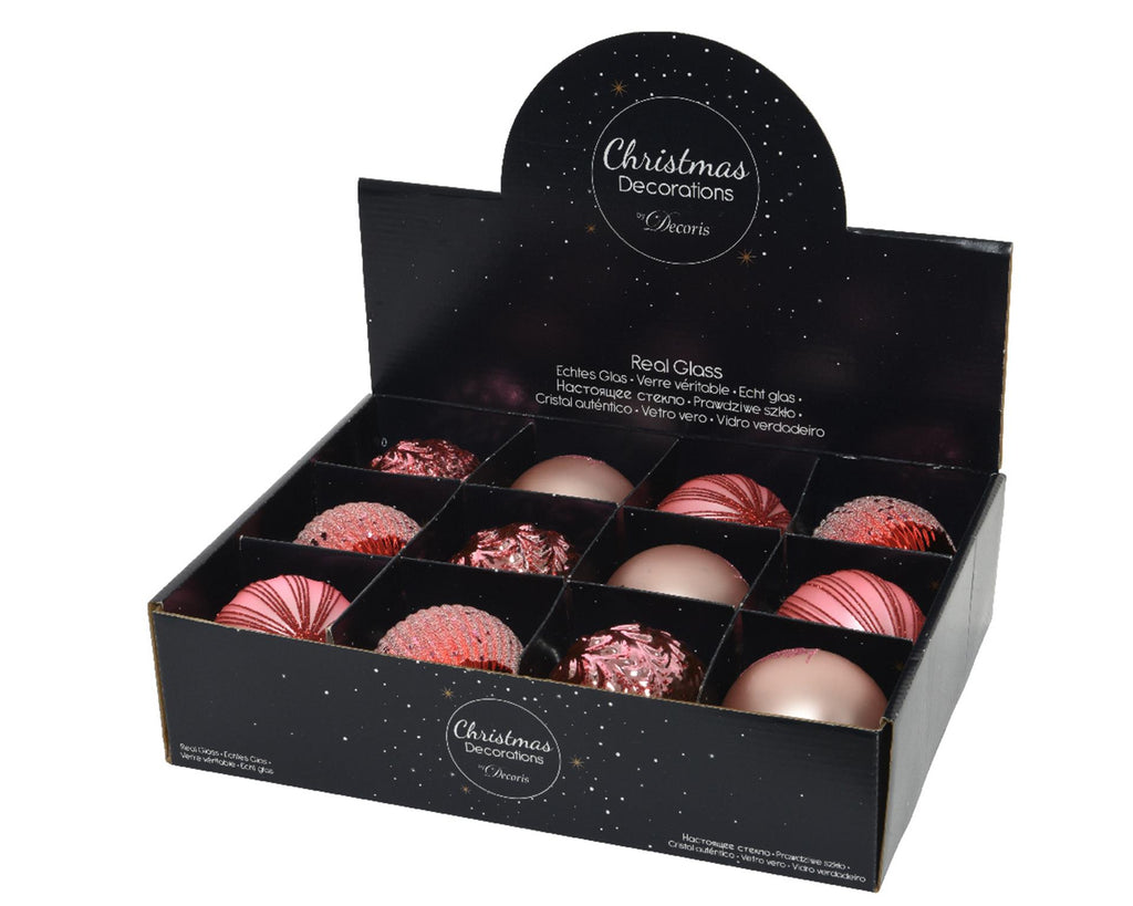 Decoris kerstballen mix glas ds a 12 stuks roze