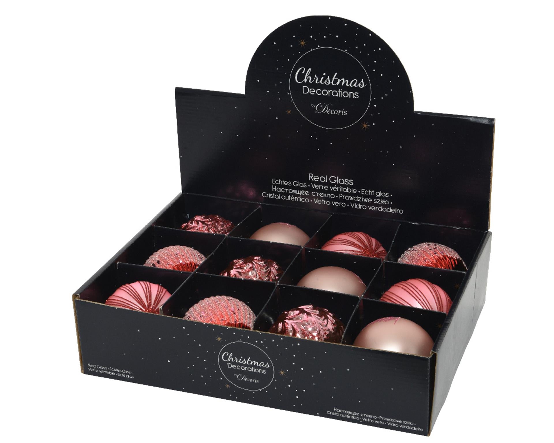 Decoris kerstballen mix glas ds a 12 stuks roze