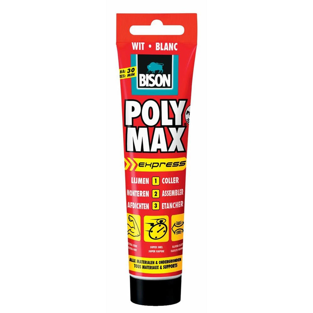 Bison poly max express wit tube 165 gram, montagelijm, lijmen, monteren en afdichten, unieke smp technologie, oplosmiddelvrij, binnen en buiten, vrijwel alle ondergronden