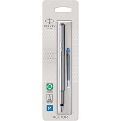 Parker vector-vulpen | roestvrij staal met chrome afwerking | mediumpunt | blauwe inkt | hangtab