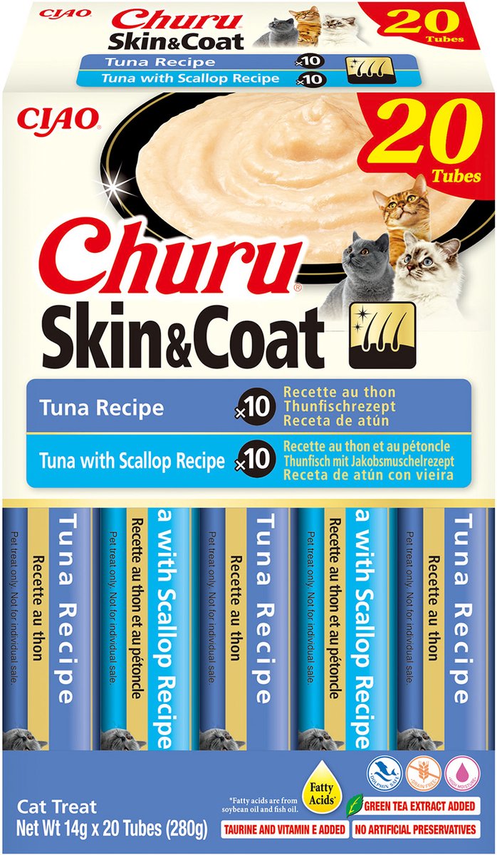 Inaba ciao churu skin coat creamy puree liquid kattensnack tonijn variëteiten 20x14g