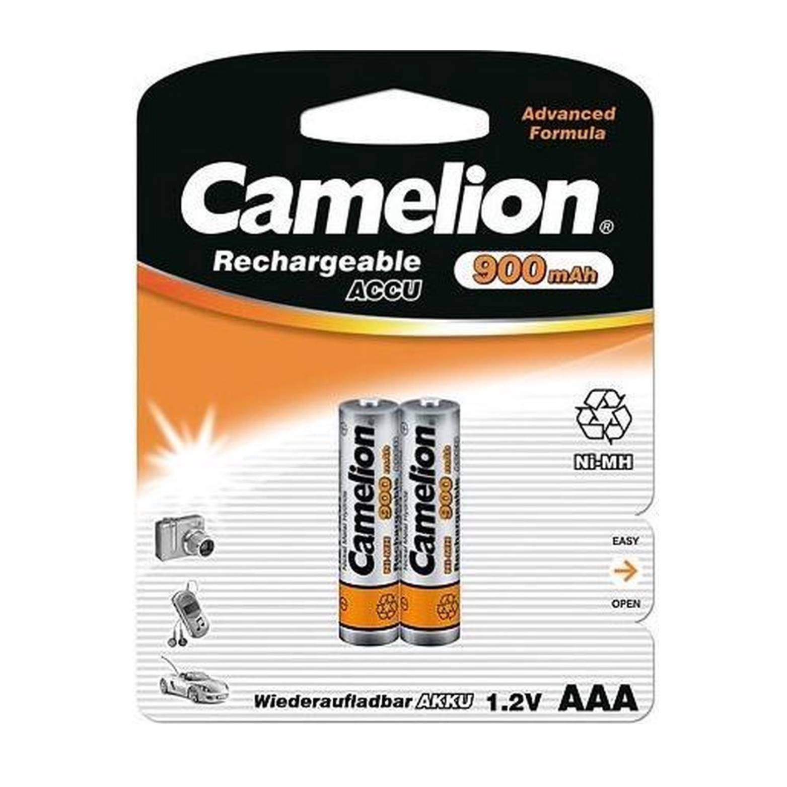 Kamelion wiederaufladbare AAA-Batterien, NiMH 900 mAh. 2 Stück (Hängepaket)