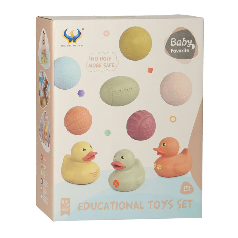 Badespielzeug-Set mit sensorischen Badebällen, Quietscheentchen, Pastellfarben